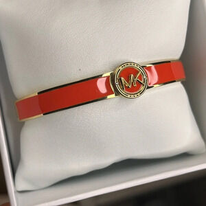 Michael Kors MK Logo Coral Enamel Gold Tone Hinged Bangle Bracelet NWT